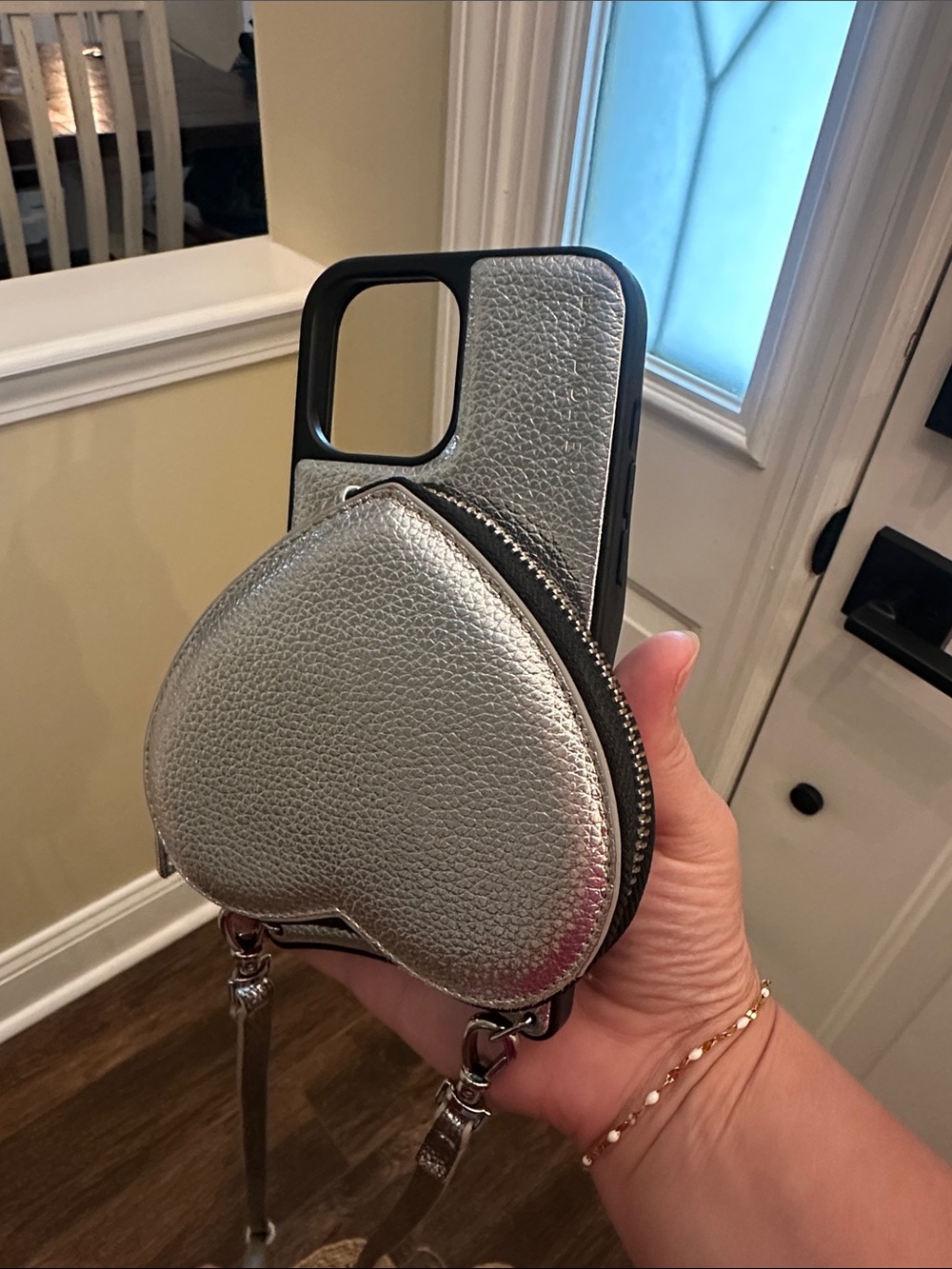 Bandolier iPhone 13 Pro Max Crossbody Case Silver Heart Coin Purse Strap - Picture 10 of 12